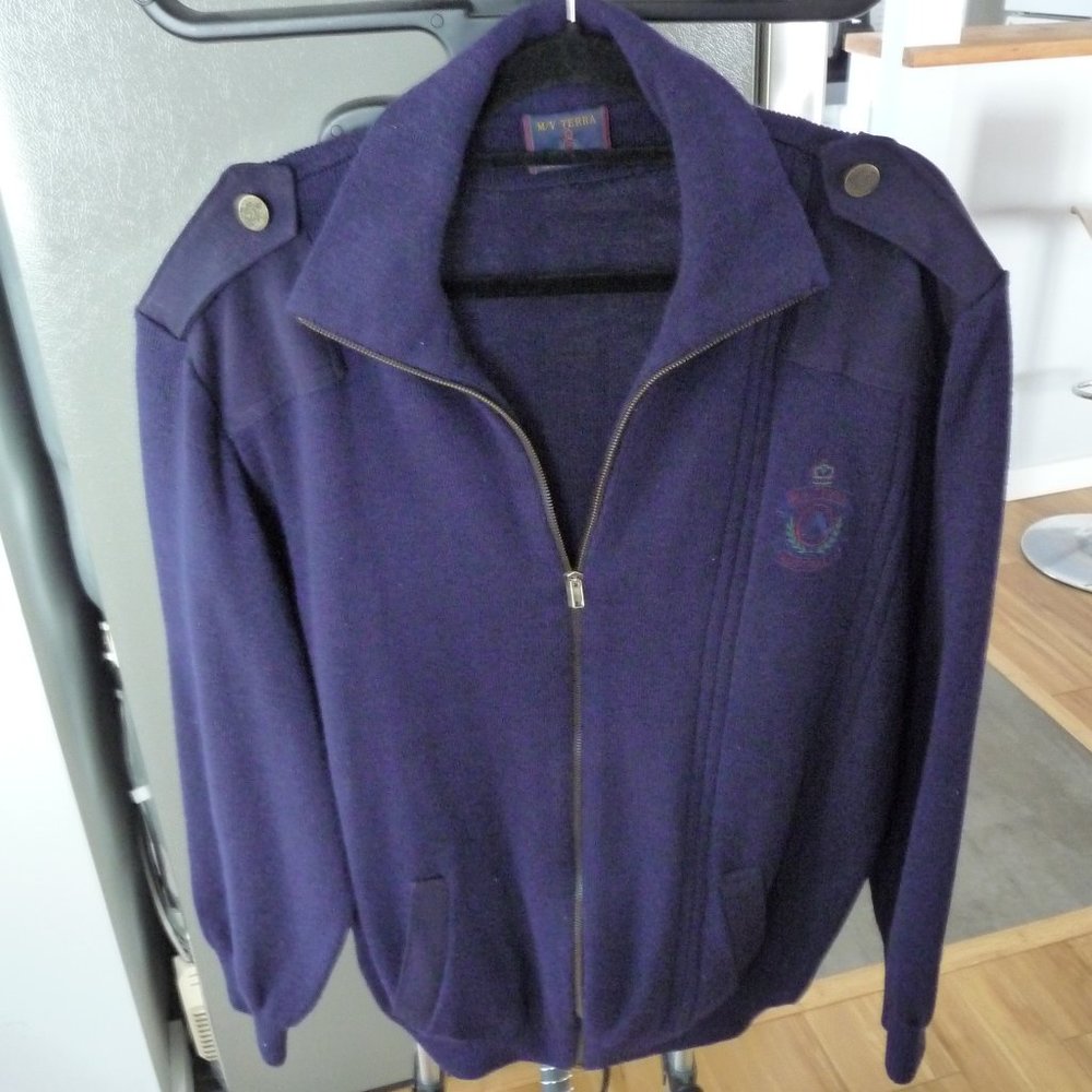 VINTAGE MEN WOOL JACKET /CARDIGAN NAVY FRONT ZIP POCKETS SHOULDER STRAPS SIZE L
